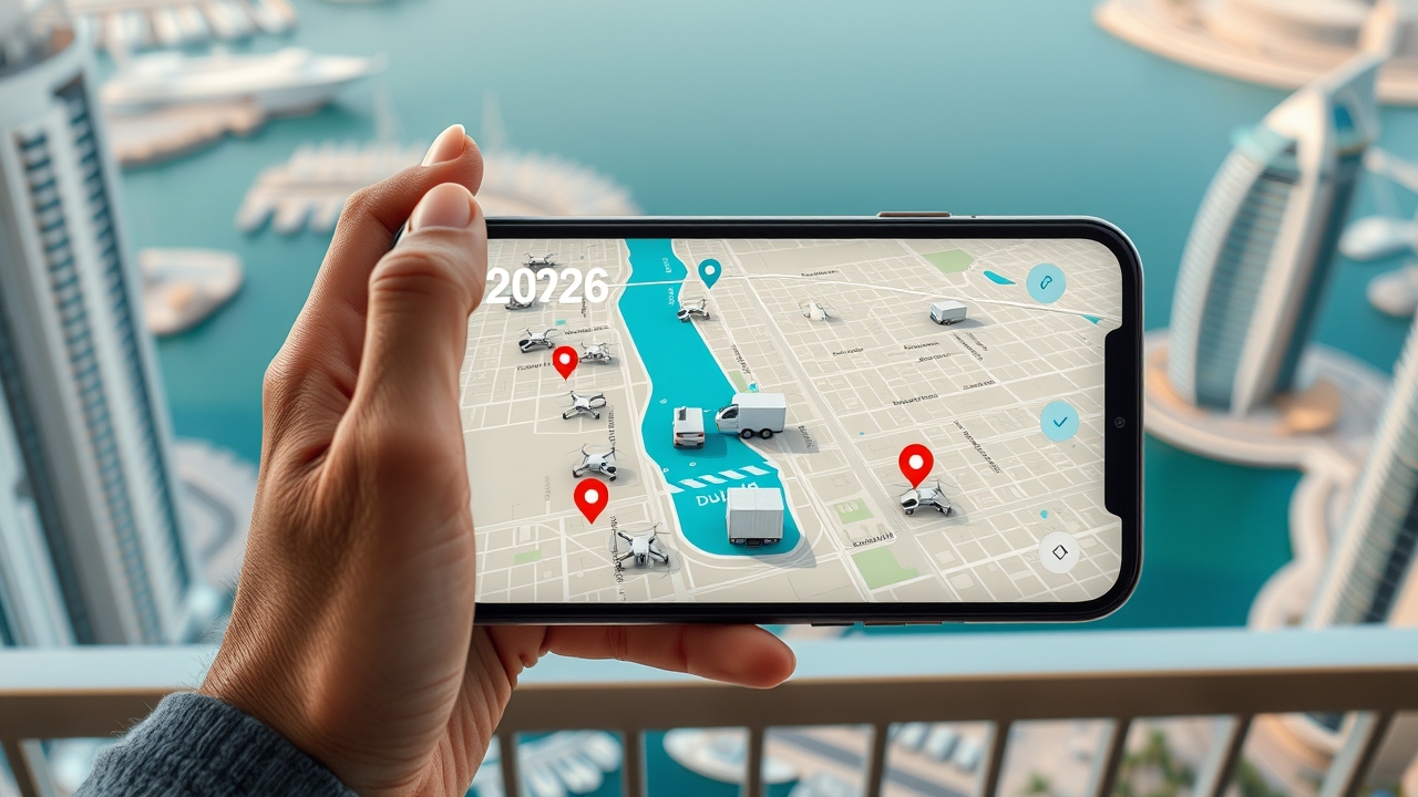 Real-time laundry tracking app interface over Dubai Marina