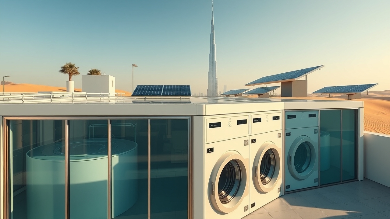 Sustainable laundry processing plant with solar panels in Dubai