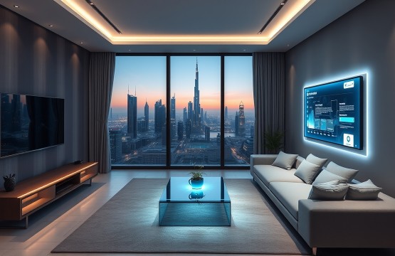 Luxury 2026 smart serviced apartment living room with futuristic interface