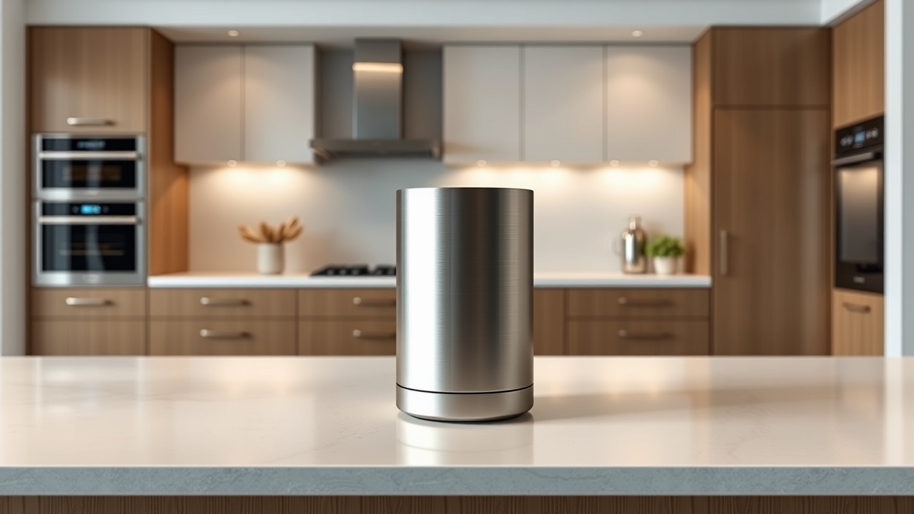 Sleek minimalist smart home hub in a high-end kitchen