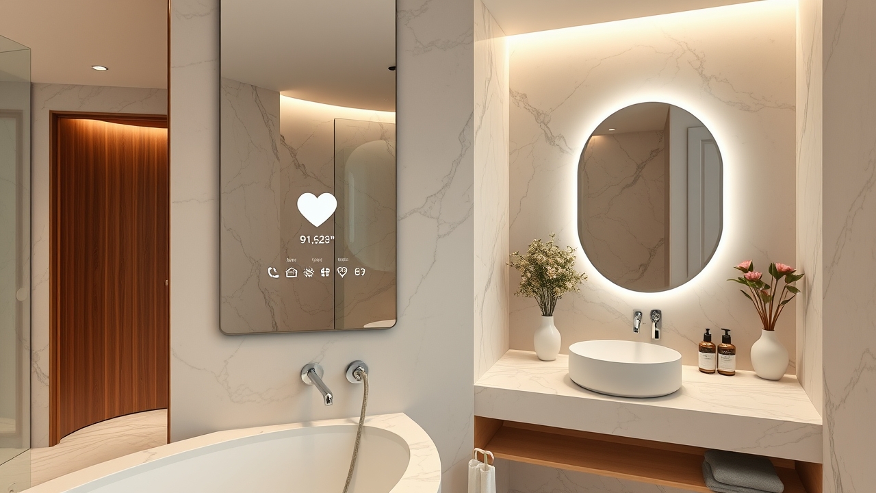 Smart mirror with health tracking in a luxury bathroom
