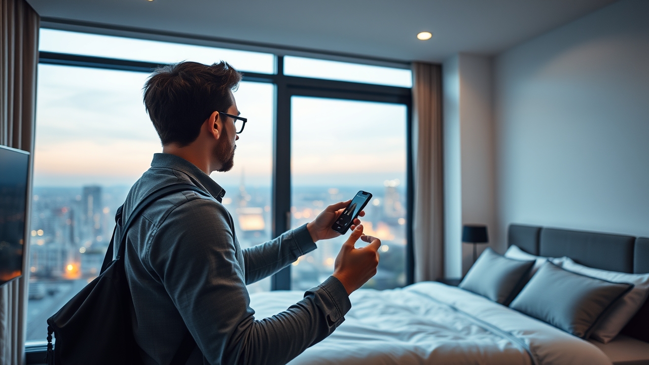 Traveler controlling smart glass windows via smartphone in a tech-enabled bedroom
