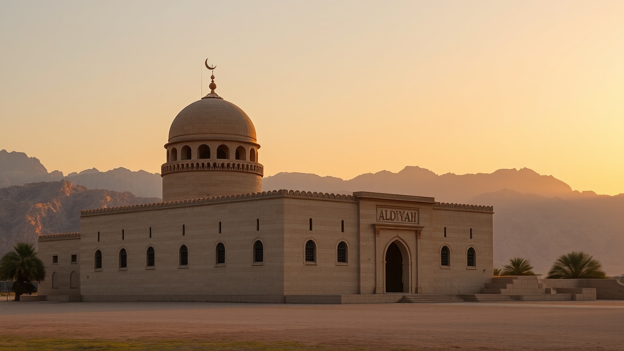 The historical Al-Bidyah Mosque in Fujairah at sunset