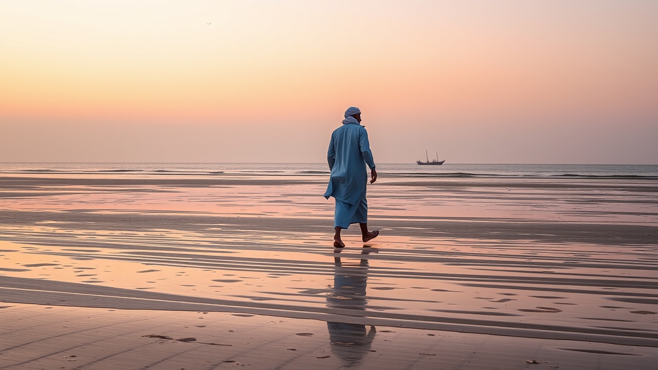 Peaceful beach walk in Fujairah at dawn