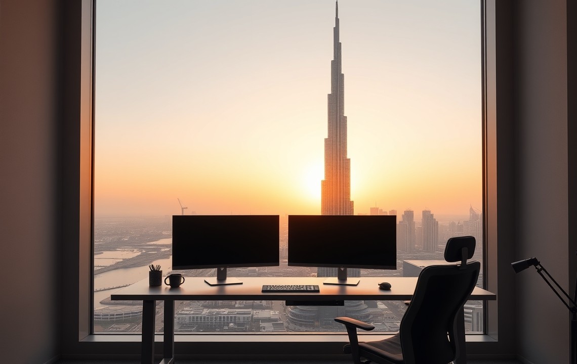 Modern Dubai home office overlooking Burj Khalifa
