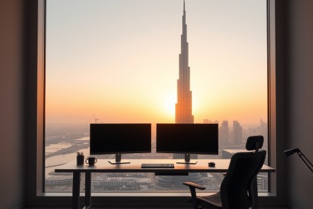 Modern Dubai home office overlooking Burj Khalifa