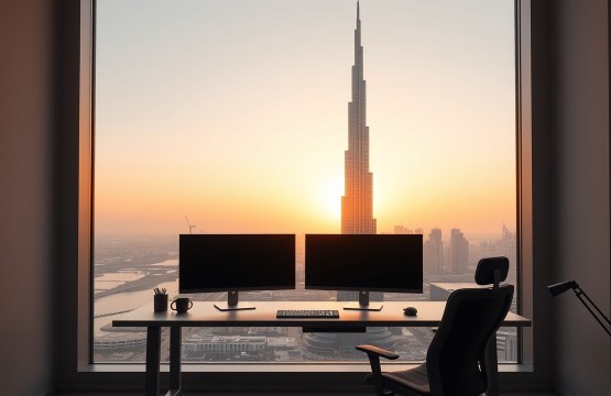 Modern Dubai home office overlooking Burj Khalifa